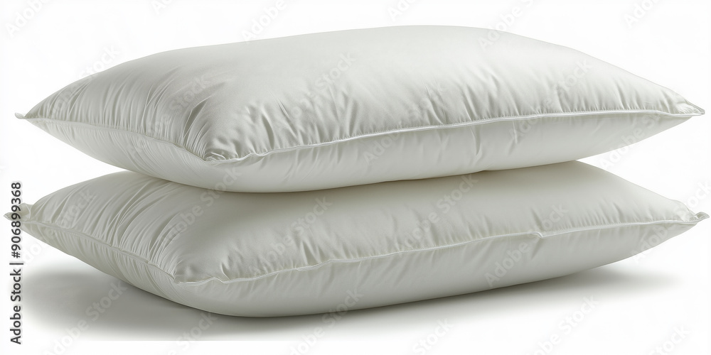 Two soft, white pillows stacked neatly against a plain white background Two soft, white pillows stacked neatly against a plain white background