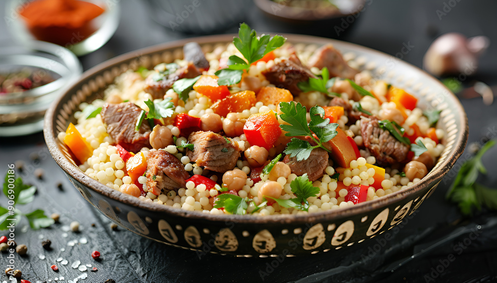 Meat and vegetable couscous in a bowl, typical food from Morocco, a traditional festive Arabic dish with herbs and spices Meat and vegetable couscous in a bowl, typical food from Morocco, a traditional festive Arabic dish with herbs and spices