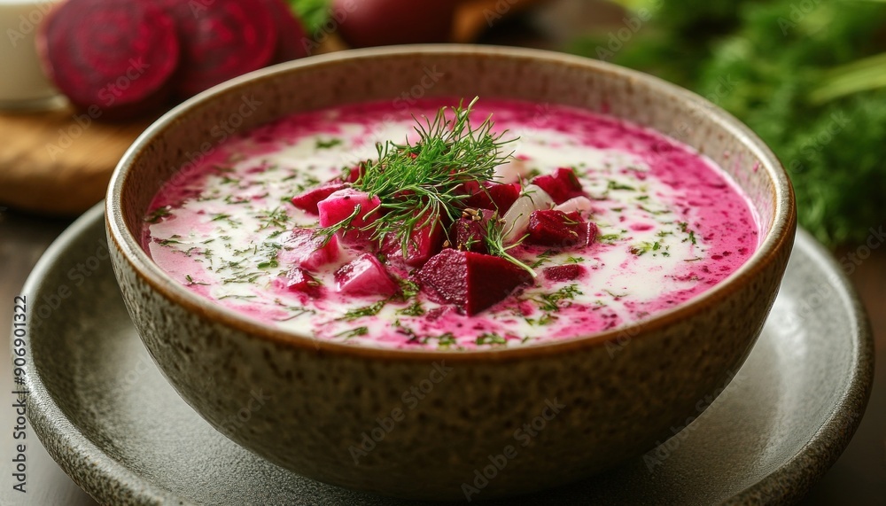 A beautiful bowl of rich beet soup placed delicately on a plate on a wellset table A beautiful bowl of rich beet soup placed delicately on a plate on a wellset table