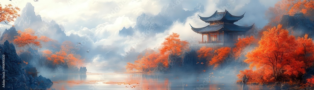 Tranquil Pagoda in Misty Mountains. Tranquil Pagoda in Misty Mountains.