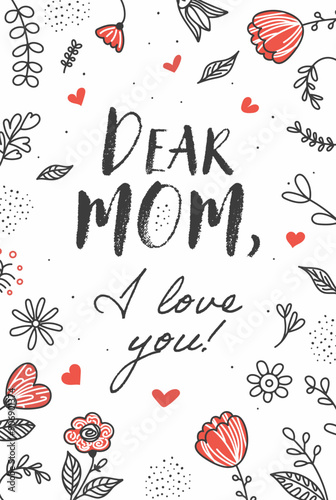 Happy Mother's Day Greeting Card with beautiful flowers and hearts. Vector illustration