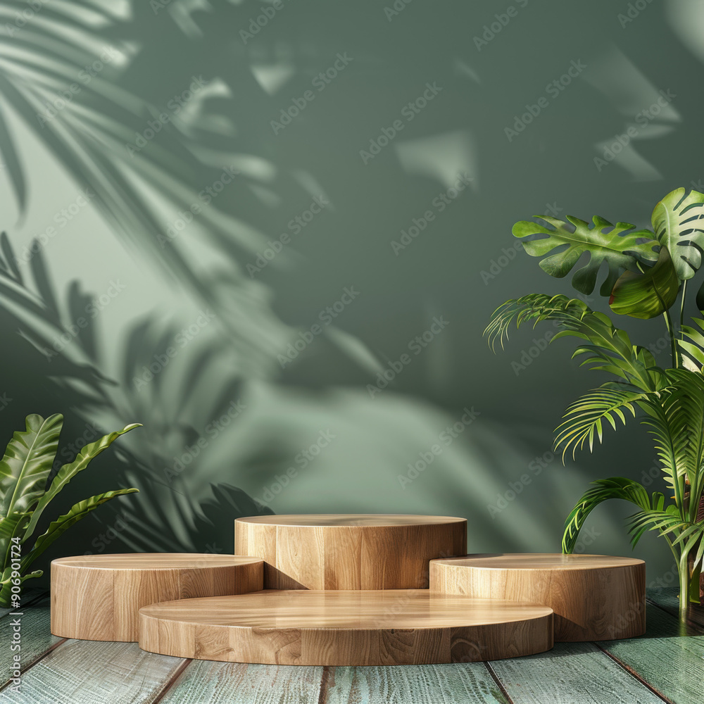 Wooden Podiums with Tropical Plants and Shadow on Green Wall