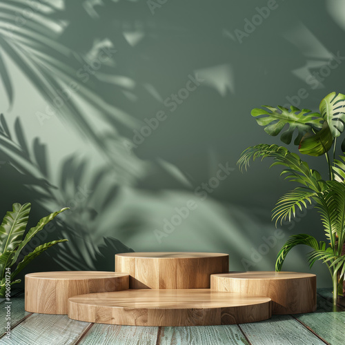 Wooden Podiums with Tropical Plants and Shadow on Green Wall photo