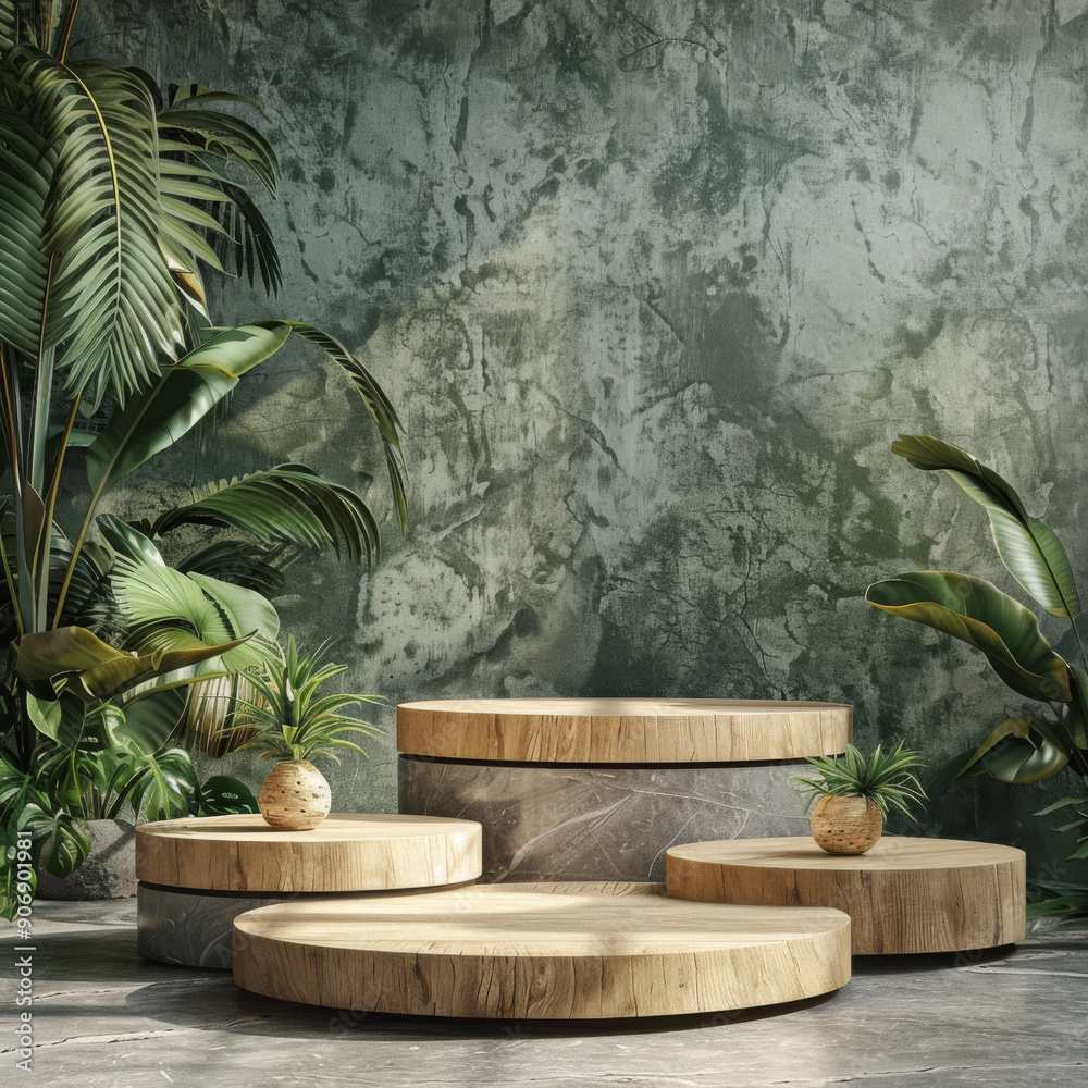 Obraz premium Wooden Podiums with Tropical Plants Against a Green Wall