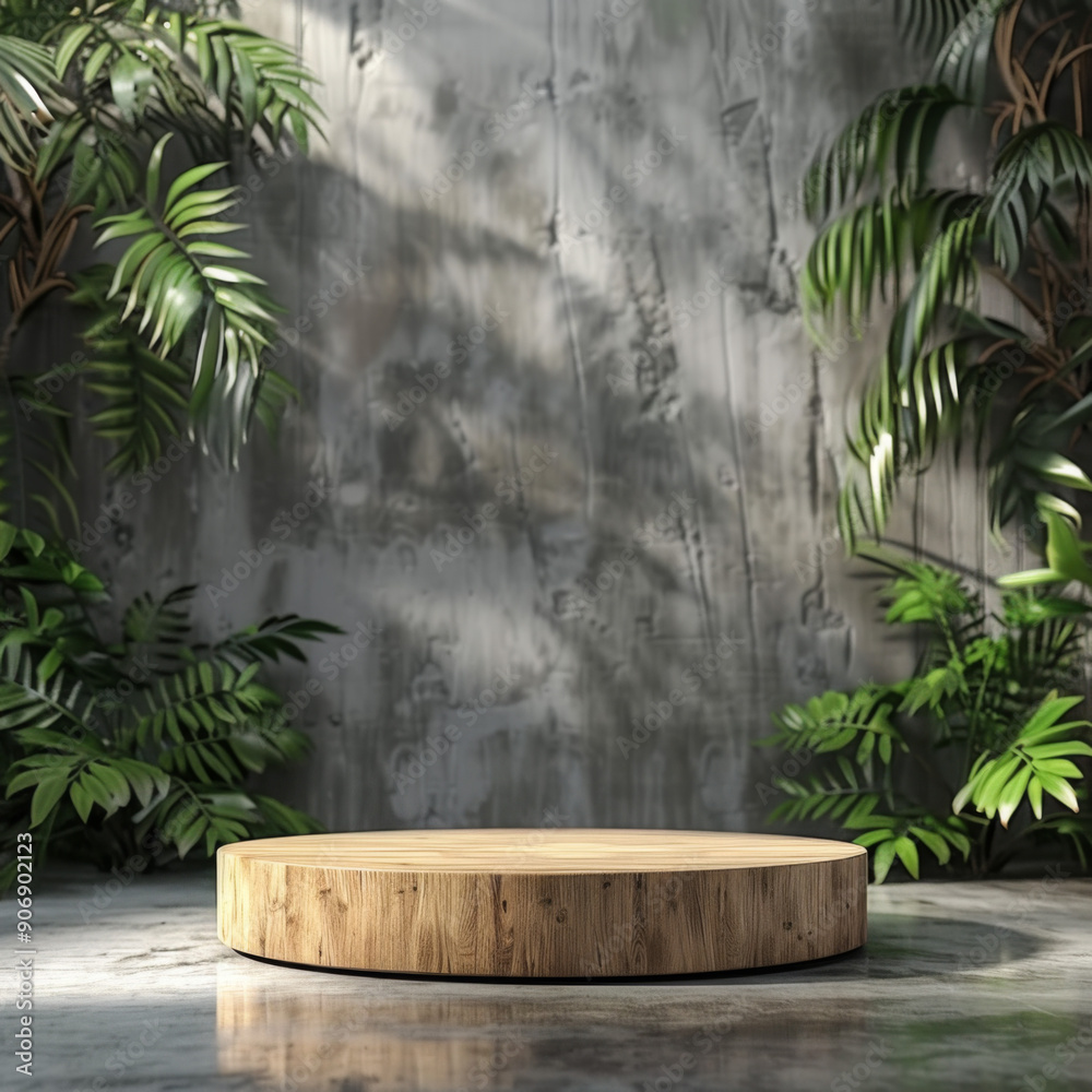 Wooden Platform Against Concrete Wall with Lush Greenery Wooden Platform Against Concrete Wall with Lush Greenery