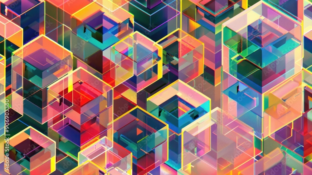 The colorful isometric background features holographic prisms, repeating a composition of highly detailed and repeating geometric patterns The colorful isometric background features holographic prisms, repeating a composition of highly detailed and repeating geometric patterns