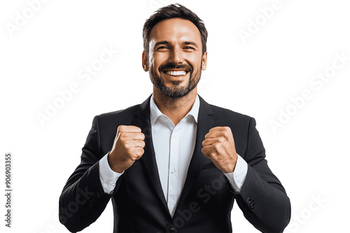 Cheerful businessman holding his fists up, cut out