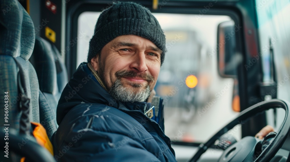 man smiling at the camera while driving a truck man smiling at the camera while driving a truck