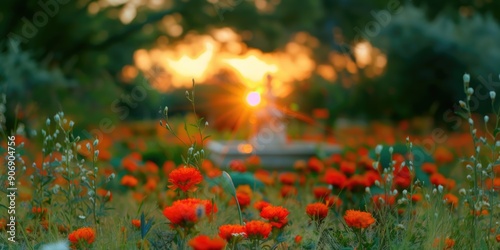 Poppy filed on a sunset sky background