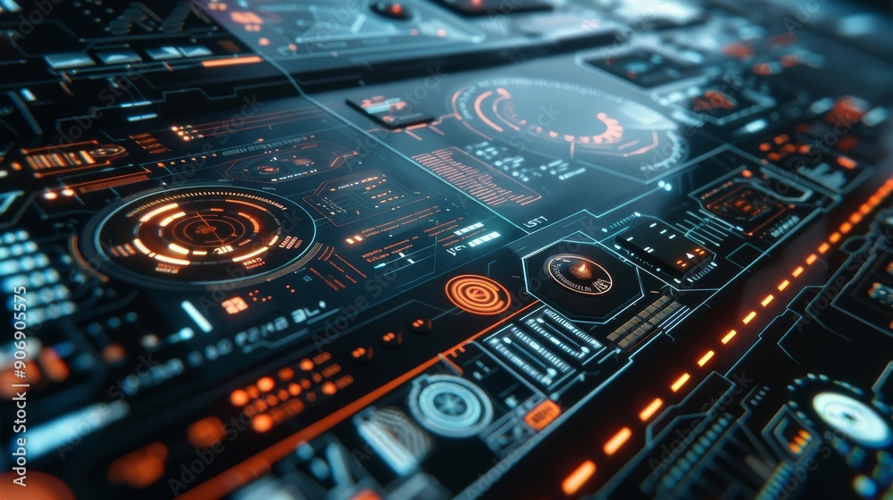 Futuristic Technology Interface with Glowing Orange and Blue Lights. Futuristic Technology Interface with Glowing Orange and Blue Lights.