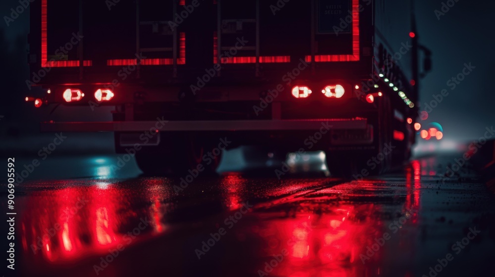Nighttime Truck on Wet Road with Red Lights for Transportation & Logistics Nighttime Truck on Wet Road with Red Lights for Transportation & Logistics