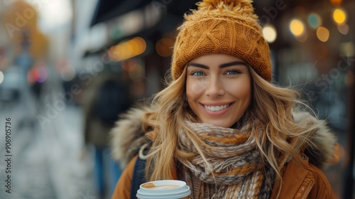 Cheerful woman in the street drinking morning coffee in sunshine light