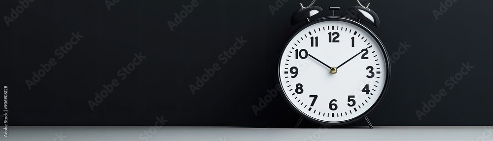A classic black alarm clock sits on a minimalist shelf against a dark background, symbolizing time and punctuality. A classic black alarm clock sits on a minimalist shelf against a dark background, symbolizing time and punctuality.