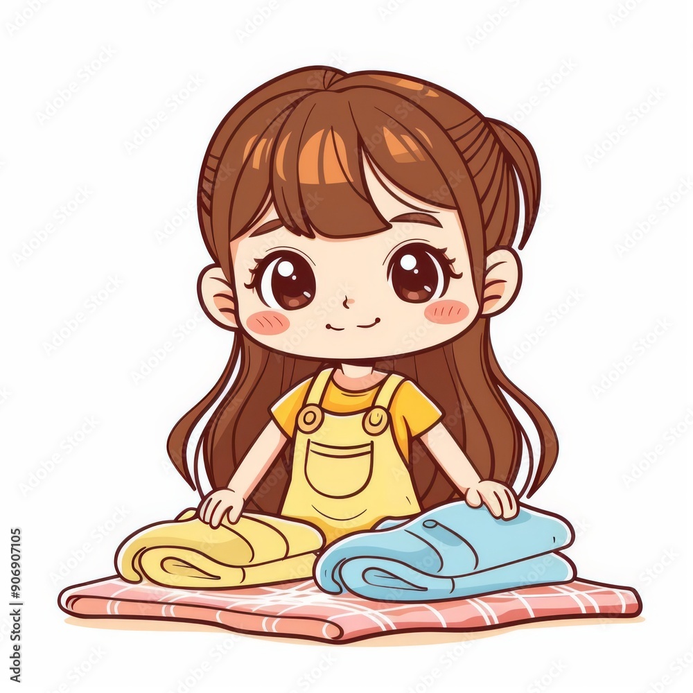 Chibi housewife, doing laundry, cleaning, flat design illustration, efficient, isolated on white background Chibi housewife, doing laundry, cleaning, flat design illustration, efficient, isolated on white background