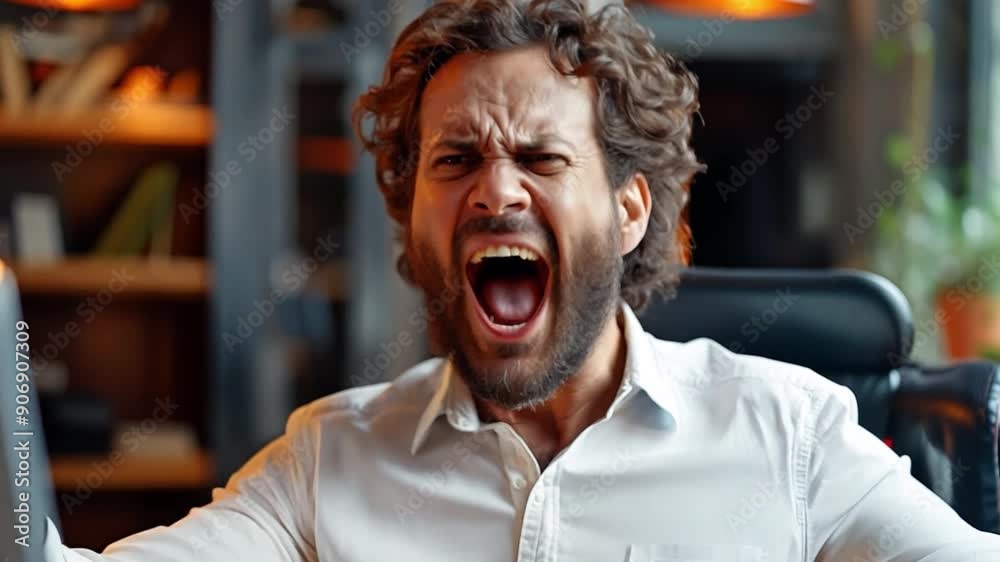 Man yelling and using computer in frustration Man yelling and using computer in frustration