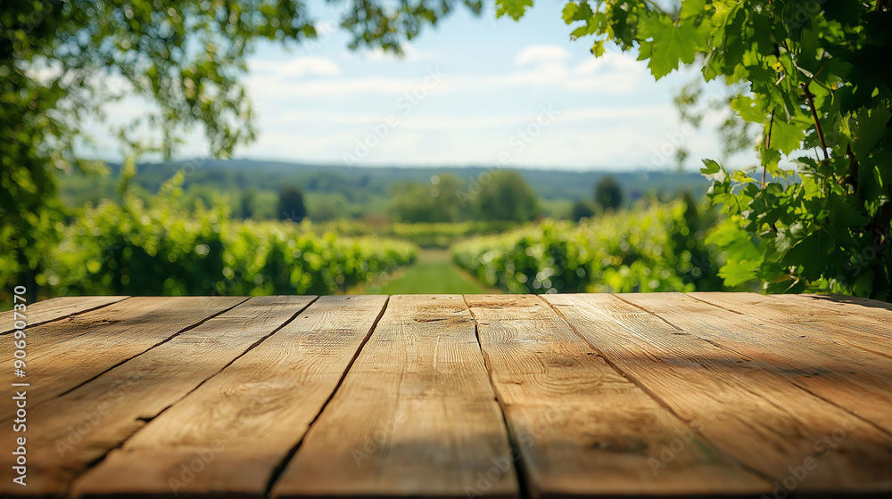 Serene Vineyard Vibes - Tranquil Wooden Table in a Bright Spring Setting Serene Vineyard Vibes - Tranquil Wooden Table in a Bright Spring Setting