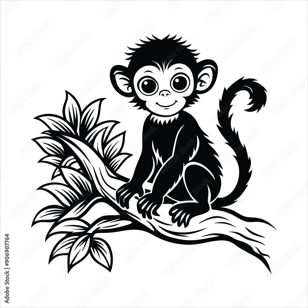 Obraz premium Baby Monkey on tree black vector