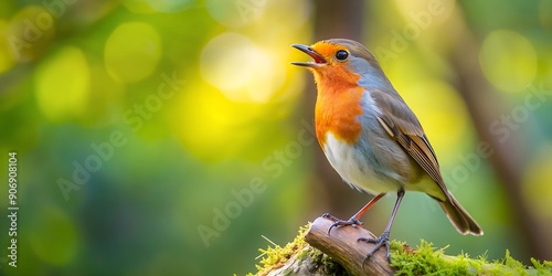 European Robin bird singing on a sunny day in a dense forest AI Generative