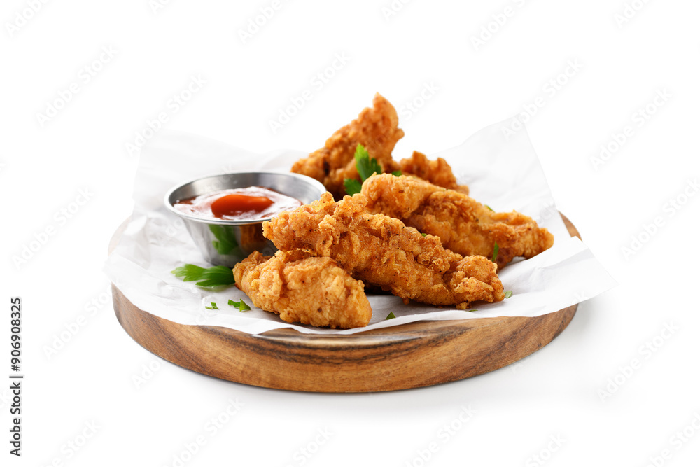 Delicious crispy fried breaded chicken breast strips with ketchup. isolated on white background Delicious crispy fried breaded chicken breast strips with ketchup. isolated on white background