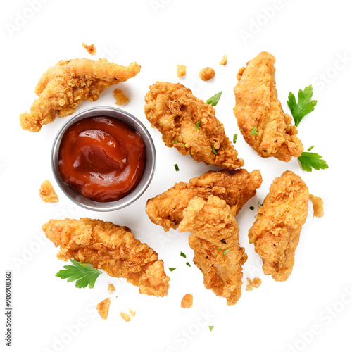Delicious crispy fried breaded chicken breast strips with ketchup. isolated on white background. top view