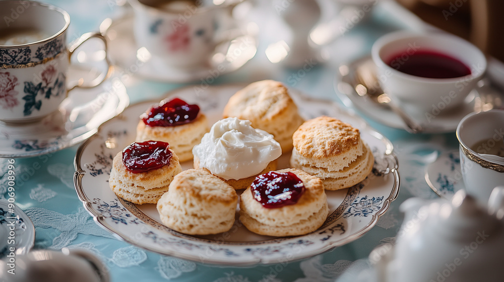 an assortment of scones with clotted cream and jam, elegantly presented on a tea table an assortment of scones with clotted cream and jam, elegantly presented on a tea table