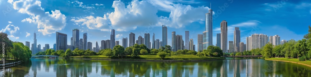 custom made wallpaper toronto digitalPanorama of Cityscape with modern skyscrapers, lush green park, and reflections on a calm river under a vibrant blue sky.
