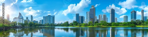 Wallpaper Mural Panorama of Cityscape with modern skyscrapers, lush green park, and reflections on a calm river under a vibrant blue sky.
 Torontodigital.ca