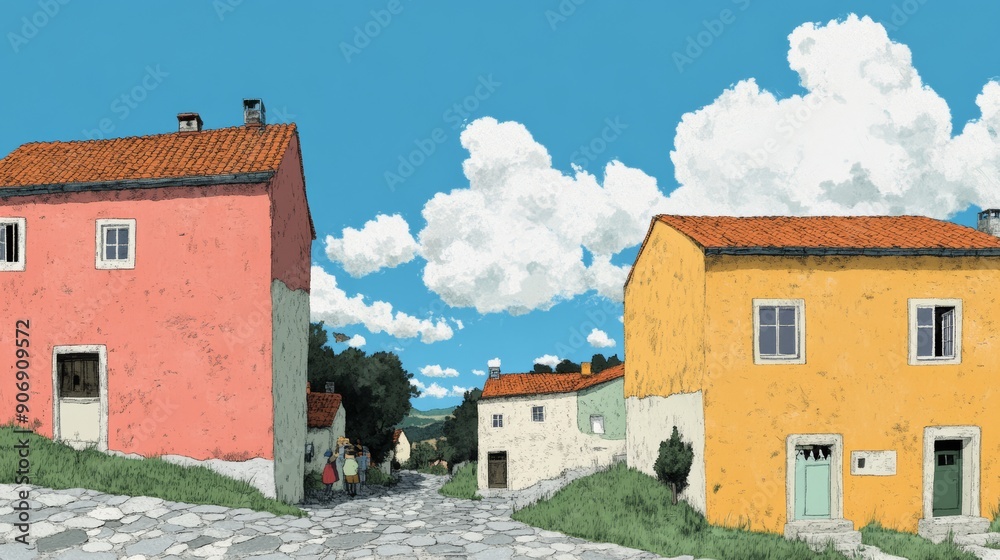 Lofi illustration of a small charming village with cobblestone streets quaint houses and people strolling around enjoying the picturesque scenery Lofi illustration of a small charming village with cobblestone streets quaint houses and people strolling around enjoying the picturesque scenery