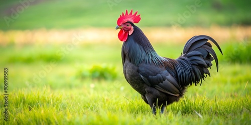 rooster in the field black rooster on grass rooster on green natural background Generative By AI