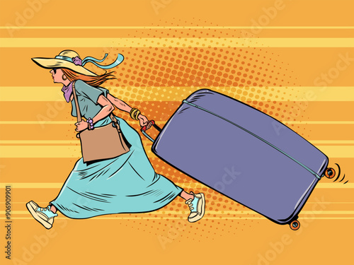 Pop Art Retro A woman in summer clothes and with a suitcase runs. Late to the airport for departure on vacation. Holidays by the sea in the sun.