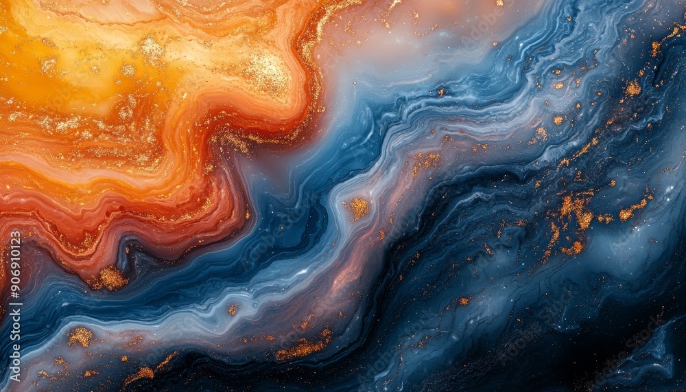 Abstract Blue and Orange Swirls with Gold Glitter. Abstract Blue and Orange Swirls with Gold Glitter.