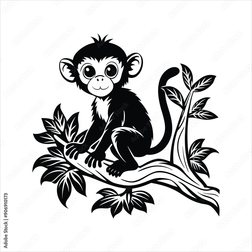 Obraz premium Baby Monkey on tree black vector