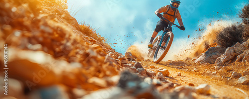 Adventurous Man Riding Bicycle on Hillside with Flying Sand, Precise Gradient Density Filter Close-Up Shot