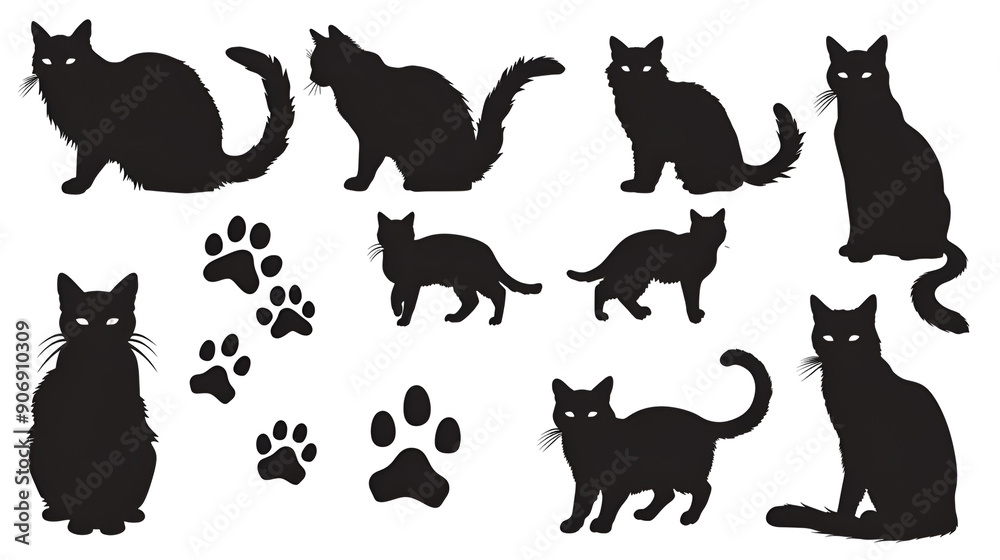 Set of vector silhouettes of cats and paw prints on a white background, Set of vector silhouettes of cats and paw prints on a white background,