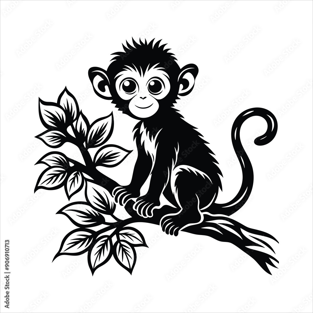 Fototapeta premium Baby Monkey on tree black vector