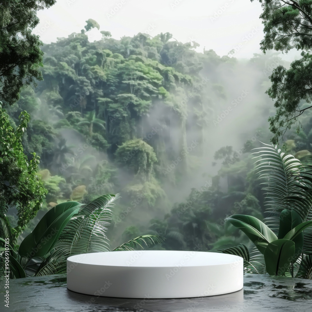 White Platform Against a Lush, Foggy Jungle Background White Platform Against a Lush, Foggy Jungle Background