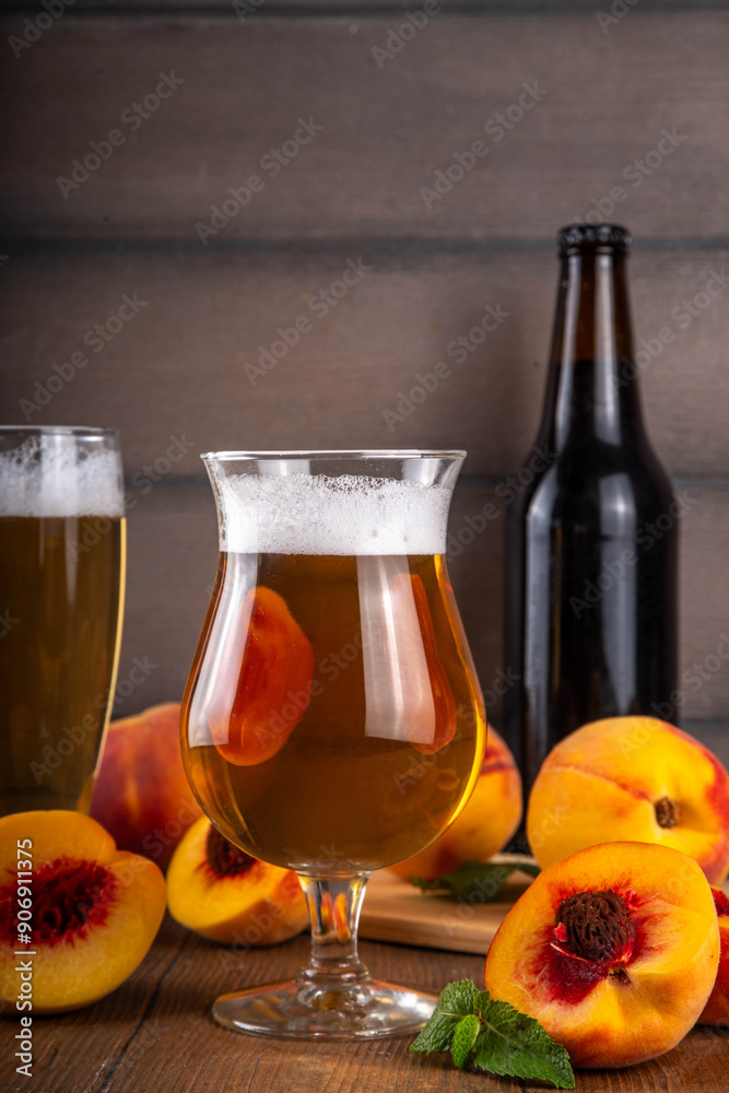 Glasses with Sour Sweet fruit Peach Craft Beer or Ale on wooden table with fresh peach slices
Glasses with Sour Sweet fruit Peach Craft Beer or Ale on wooden table with fresh peach slices