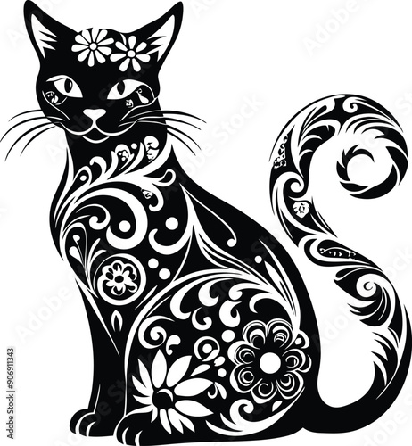 Wallpaper Mural A stylized black silhouette of a cat, featuring intricate swirls, floral patterns and decorative elements Torontodigital.ca