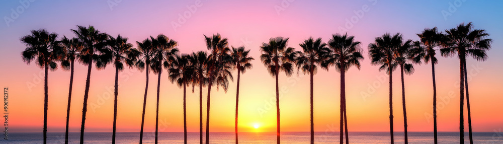 Obraz premium Scenic sunset view with palm trees silhouetted against a colorful sky, creating a tranquil and picturesque landscape.