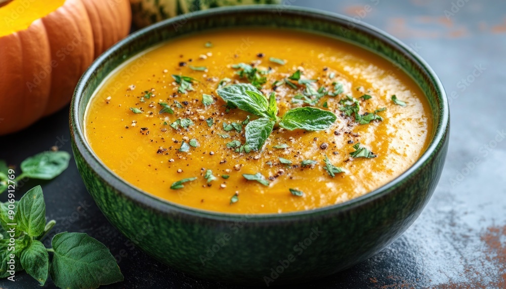 A warm bowl of pumpkin soup is beautifully presented with a fresh pumpkin behind it A warm bowl of pumpkin soup is beautifully presented with a fresh pumpkin behind it