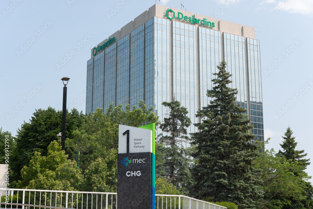 exterior building facade and sign of Desjardins, an insurance company