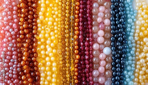 A vibrant assortment of uniquely colored beads is beautifully lined up in a neat row