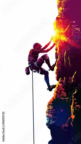 A climber ascends a vibrant rock face, showcasing determination and adventure in extreme sports.