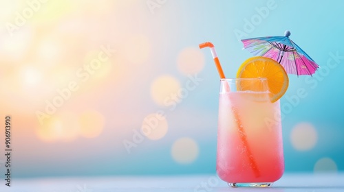 A refreshing tropical cocktail with a colorful umbrella and a slice of fruit.