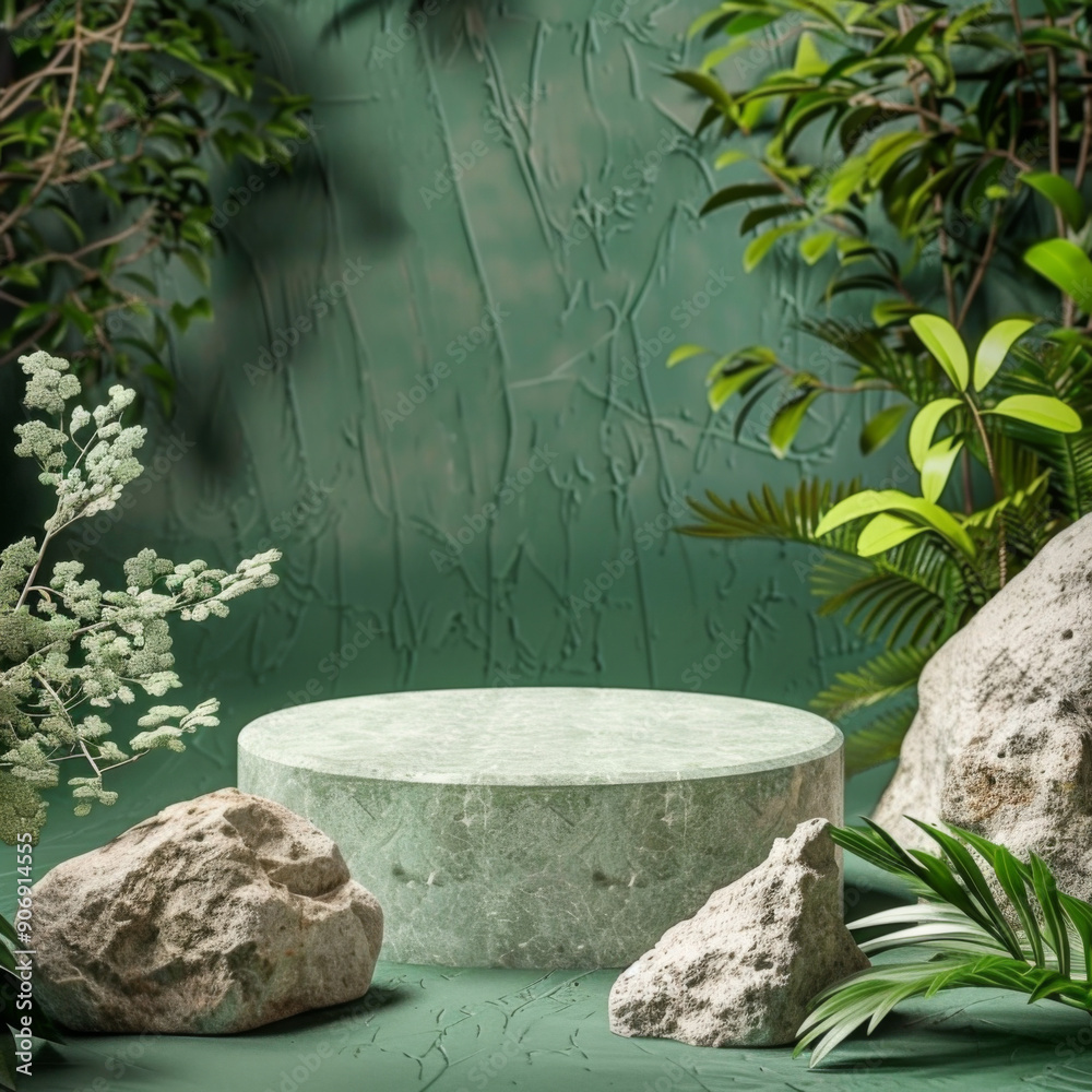 Stone and Green Plant Product Display Background Stone and Green Plant Product Display Background