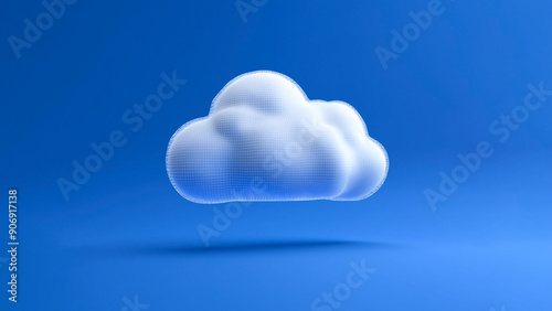 Digital illustration of a cloud with a mesh-like texture against a bright blue background. Represents modern cloud computing and digital networking.