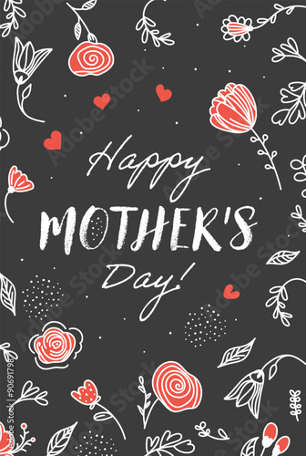 Happy Mother's Day Greeting Card with beautiful flowers and hearts. Vector illustration