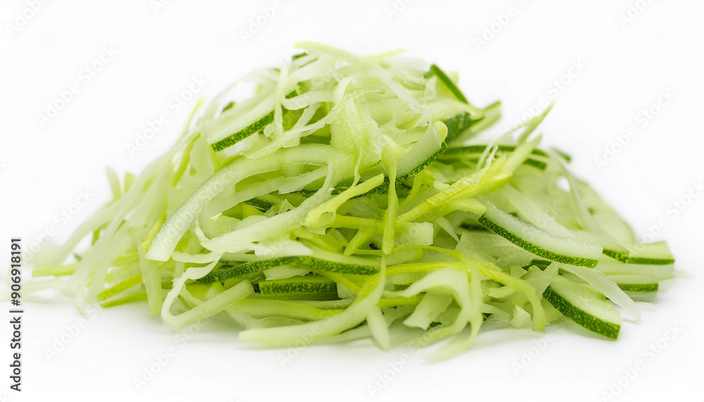 Heap of vibrant shredded green cucumber on isolated white. Tasty vegetable. Organic and fresh. Heap of vibrant shredded green cucumber on isolated white. Tasty vegetable. Organic and fresh.