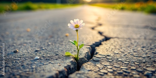 a single flower is growing out of a crack in the road Creative AI