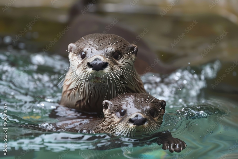 Fototapeta premium A baby otter is swimming in the water with its mother